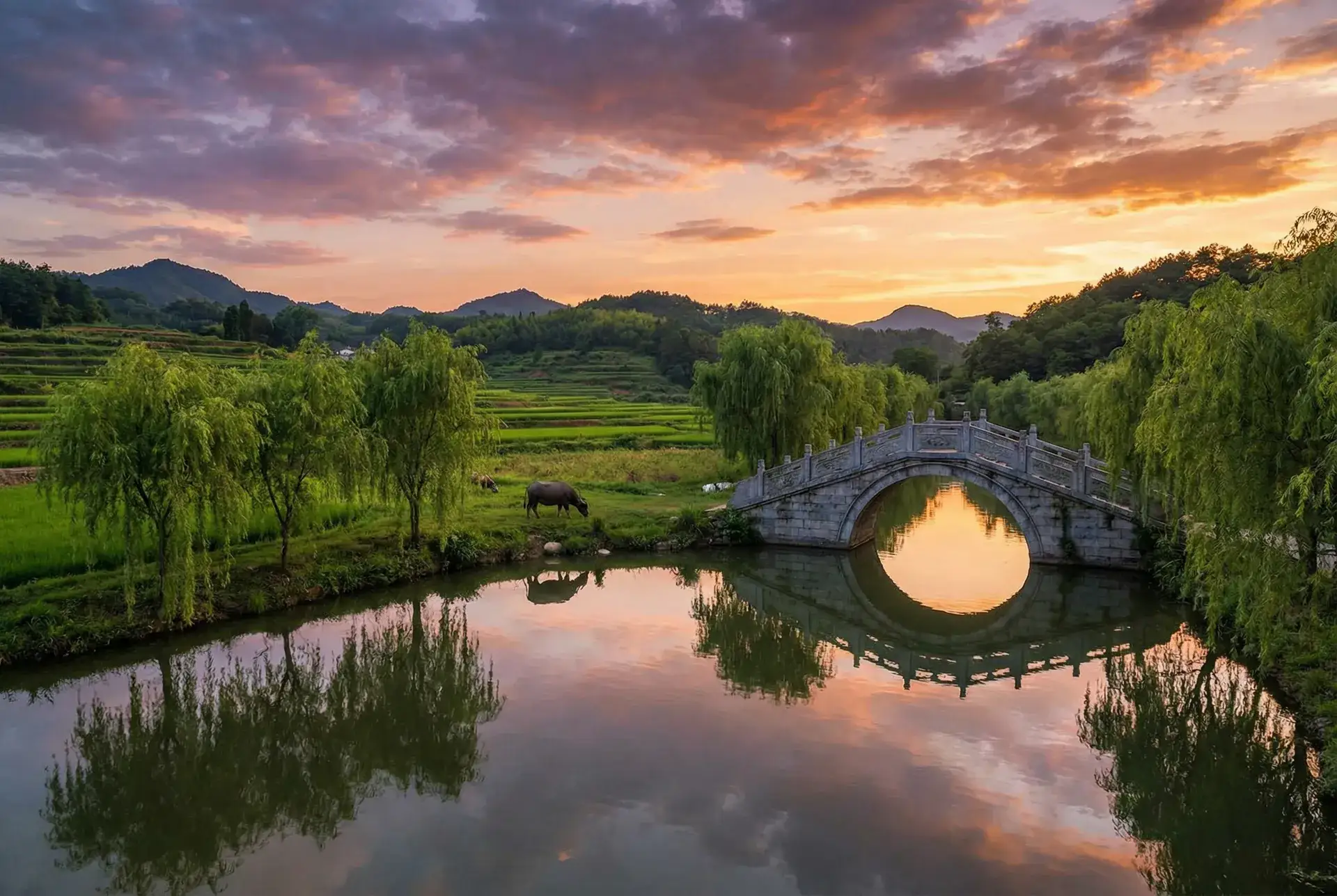 夕阳下的石拱桥与垂柳，水牛在河边吃草 - 四四房播播 乡村美景